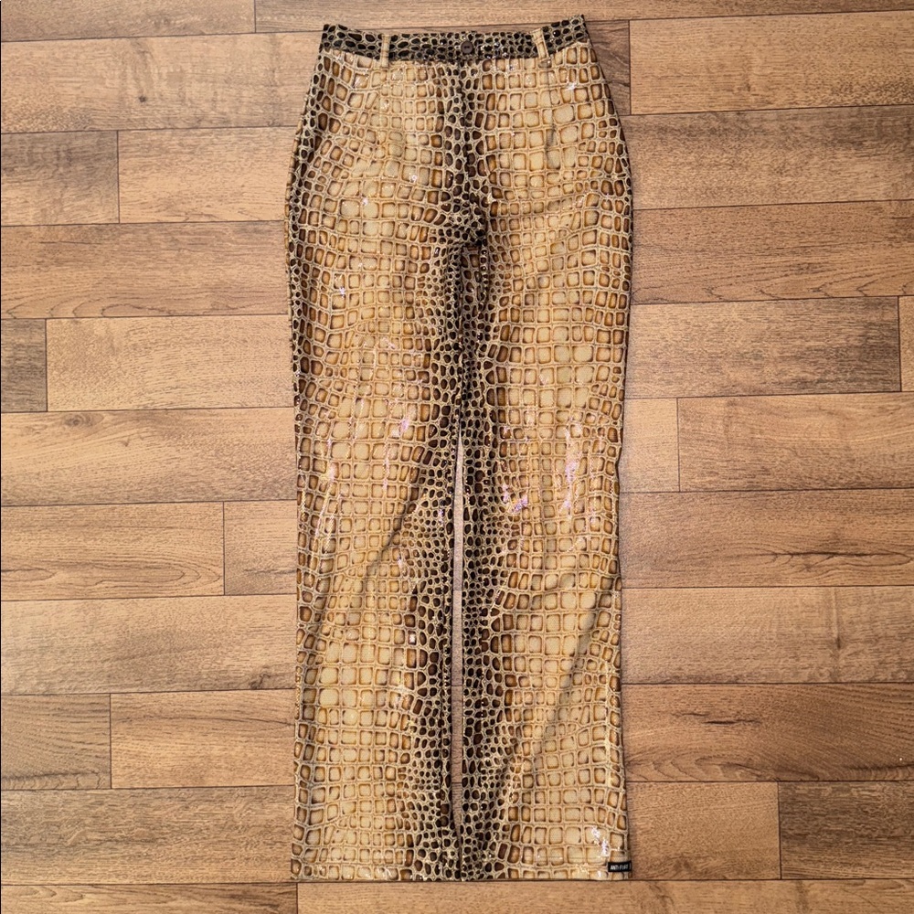 Croc-Effect High-Waist Wide-Leg Pants in Tan